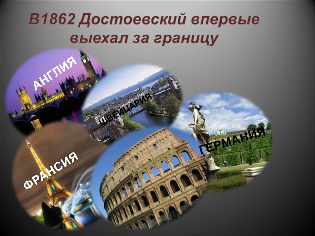 АНГЛИЯ ФРАНСИЯ ИТАЛИЯ ГЕРМАНИЯ ШВЕЙЦАРИЯ В1862 Достоевский впервые выехал за границу